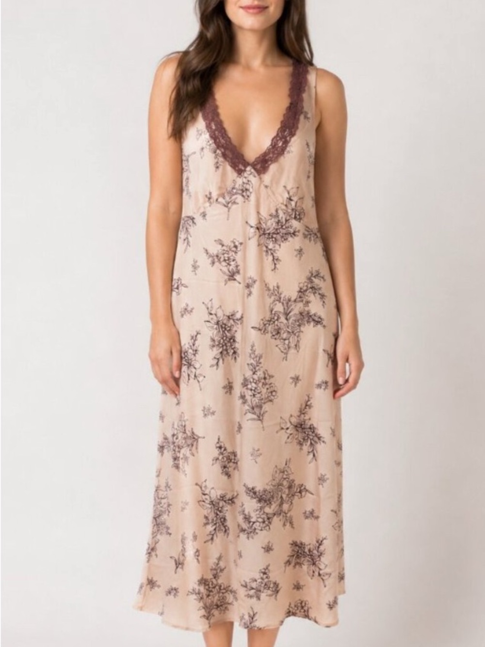 Sleeveless Pink Floral Lace-Trim Silk Dress